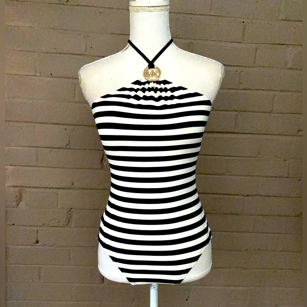 Michael Kors navy & white striped one piece swimsuit 10 NWOT